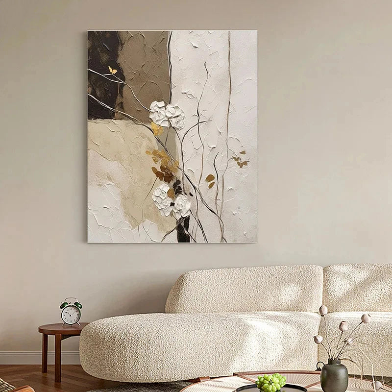 Elegante Blumen mit goldenen Akzenten Wandkunst Feine Kunst Leinwanddrucke Moderne abstrakte botanische Bilder für Wohnzimmer Eingangsbereich Wanddekoration | Karnz