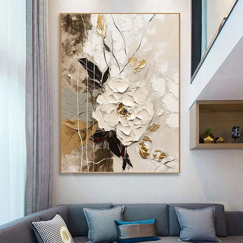 Elegante Blumen mit goldenen Akzenten Wandkunst Feine Kunst Leinwanddrucke Moderne abstrakte botanische Bilder für Wohnzimmer Eingangsbereich Wanddekoration | Karnz
