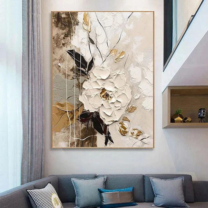Elegante Blumen mit goldenen Akzenten Wandkunst Feine Kunst Leinwanddrucke Moderne abstrakte botanische Bilder für Wohnzimmer Eingangsbereich Wanddekoration | Karnz