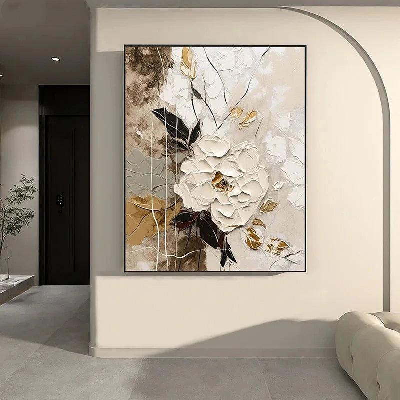 Elegante Blumen mit goldenen Akzenten Wandkunst Feine Kunst Leinwanddrucke Moderne abstrakte botanische Bilder für Wohnzimmer Eingangsbereich Wanddekoration | Karnz