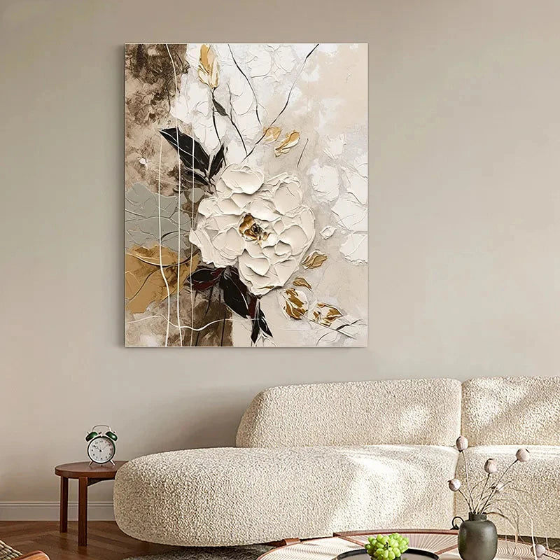 Elegante Blumen mit goldenen Akzenten Wandkunst Feine Kunst Leinwanddrucke Moderne abstrakte botanische Bilder für Wohnzimmer Eingangsbereich Wanddekoration | Karnz