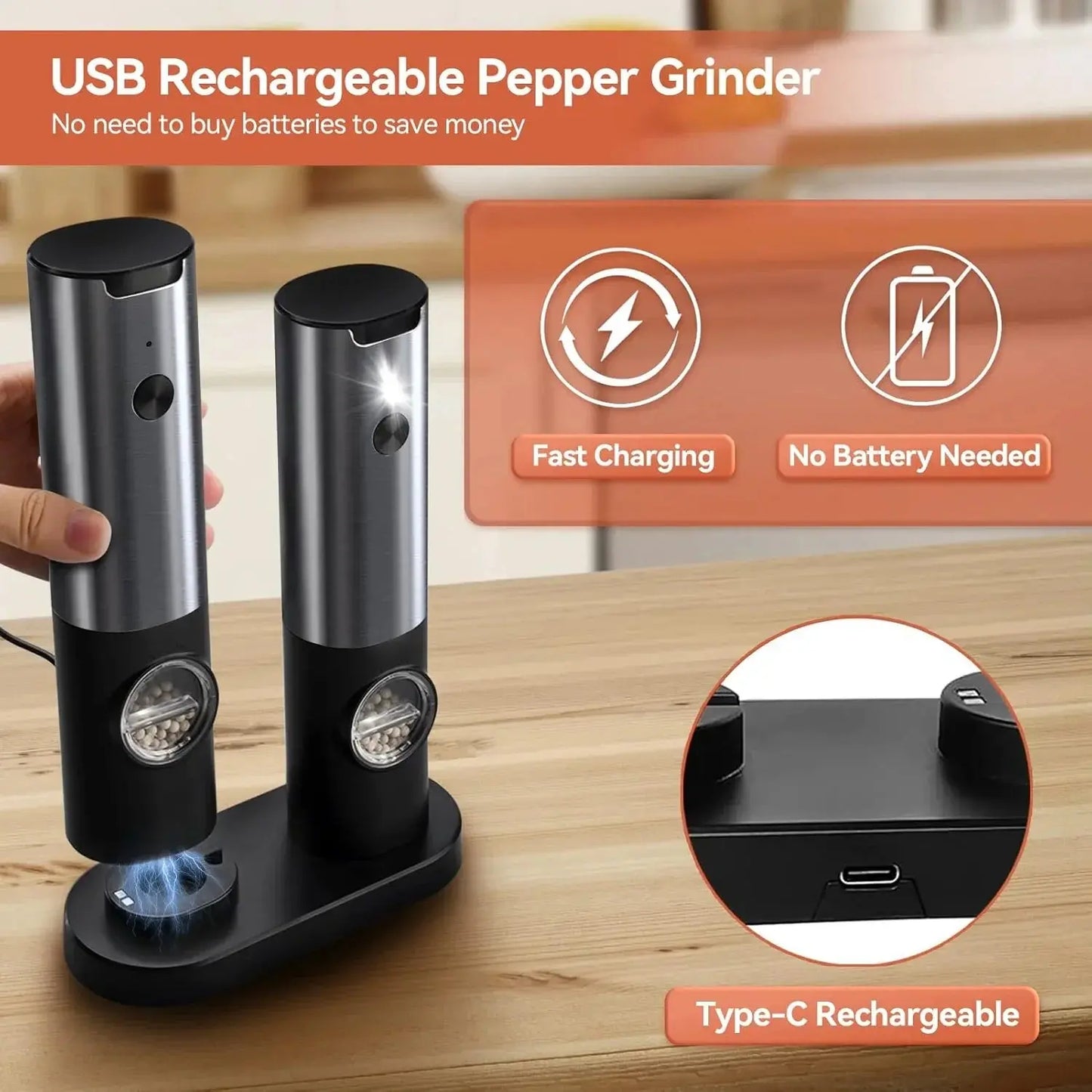 Elektrisches Gewürzmühlen-Set mit USB-C-Ladestation | Karnz