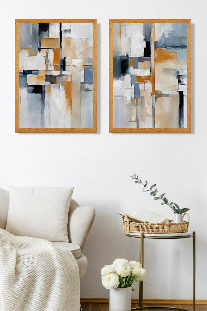 Abstraktes Set aus 2 gerahmten Kunstdrucken in Blau und Orange