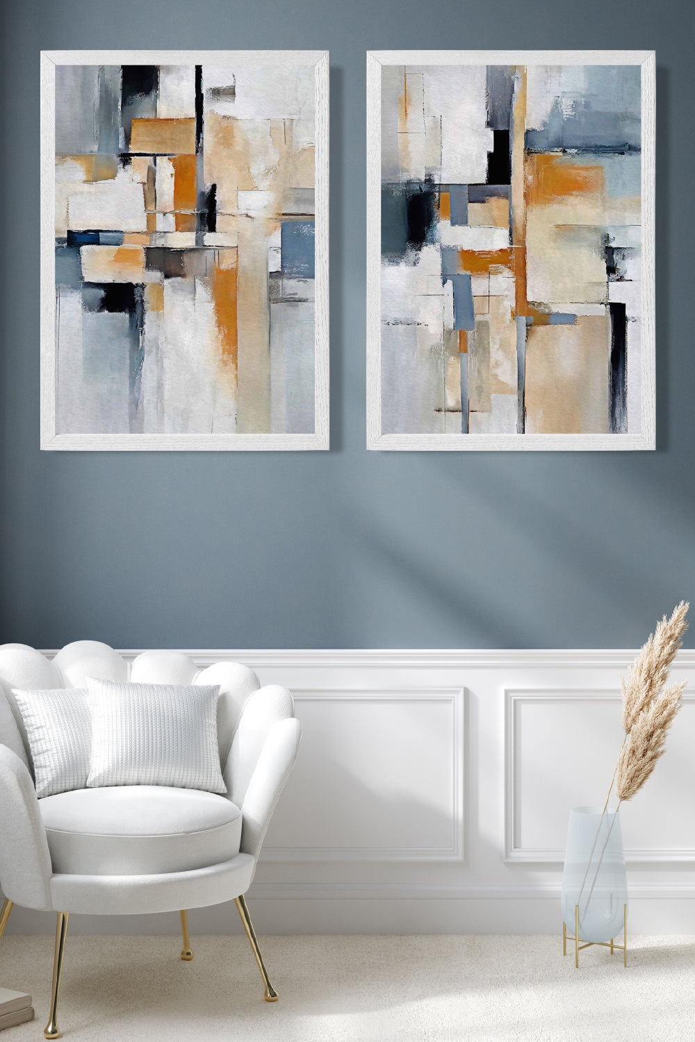 Abstraktes Set aus 2 gerahmten Kunstdrucken in Blau und Orange