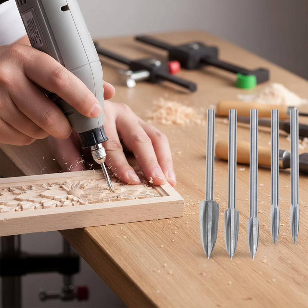 Karnz | 5-tlg. Holzschnitz- & Gravur-Bohrer Set | Hochgeschwindigkeitsstahl (HSS) | 3mm Universalschaft | Präzisionsfräser für Holz, Acryl & PVC | Professionelles DIY-Zubehör