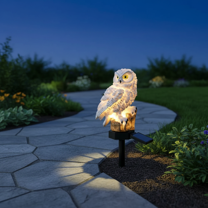 Karnz | OwlGlow Solar-Gartenleuchte | Autarke LED-Außenbeleuchtung | Integrierter Dämmerungssensor | IP65 Wetterfest | 45cm Erdspieß | Dekorative Eulen-Optik
