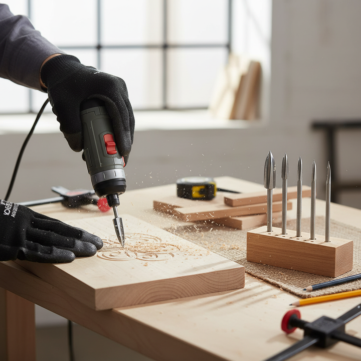 Karnz | 5-tlg. Holzschnitz- & Gravur-Bohrer Set | Hochgeschwindigkeitsstahl (HSS) | 3mm Universalschaft | Präzisionsfräser für Holz, Acryl & PVC | Professionelles DIY-Zubehör