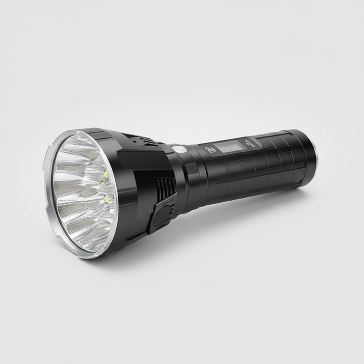 Karnz | MS18 Hochleistungs-LED-Taschenlampe | 100.000 Lumen | 18x Cree XHP70 2.0 LEDs | 2,3 km Reichweite | IP56 Wasserdicht | OLED-Statusdisplay | Inkl. Akku-Pack