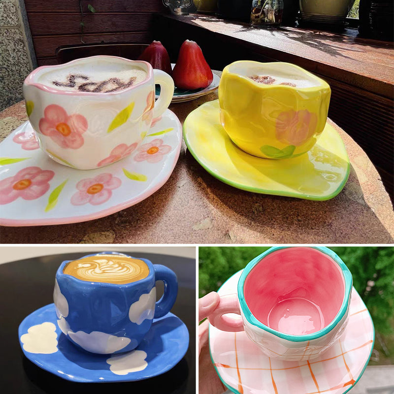 Handbemalter kreativer Kaffeebecher, Keramiktasse und Untertassenset | Karnz