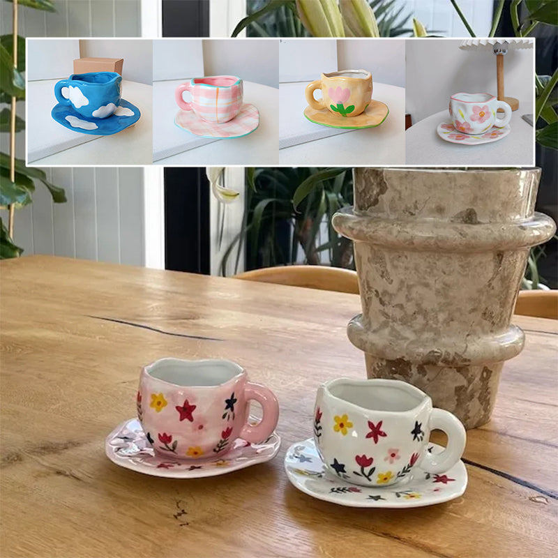 Handbemalter kreativer Kaffeebecher, Keramiktasse und Untertassenset | Karnz