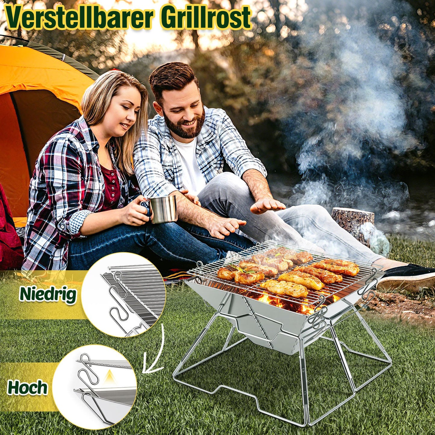 Faltbarer Camping Grill Edelstahl mit Höhenverstellbar Grillrost | Karnz