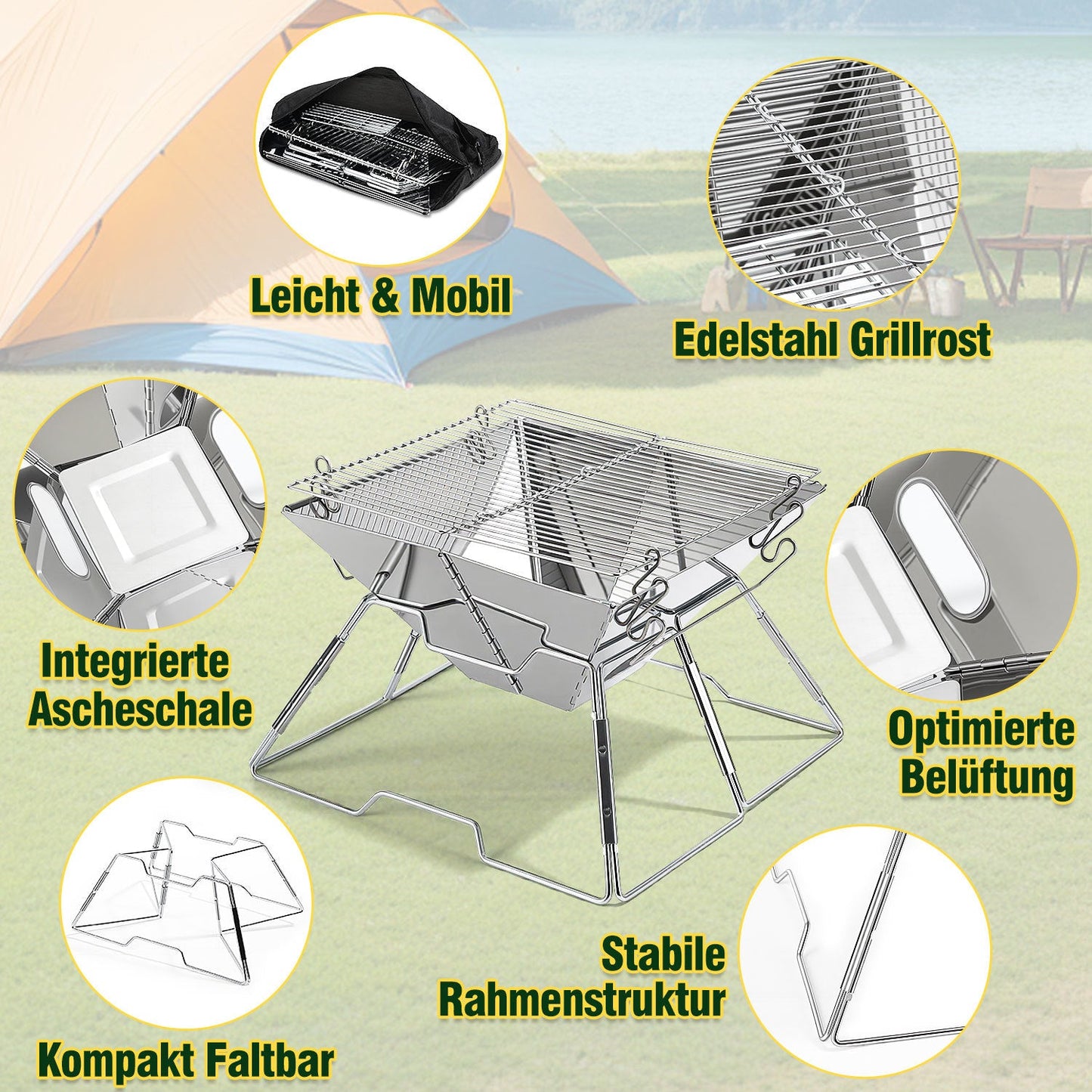 Faltbarer Camping Grill Edelstahl mit Höhenverstellbar Grillrost | Karnz