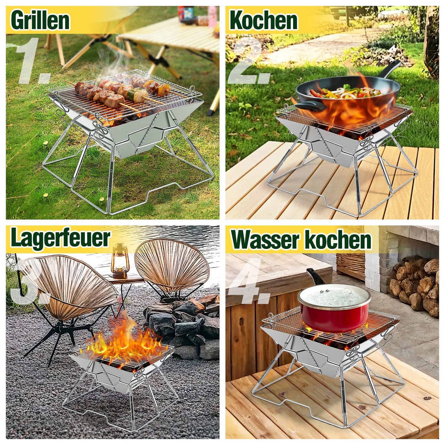Faltbarer Camping Grill Edelstahl mit Höhenverstellbar Grillrost | Karnz