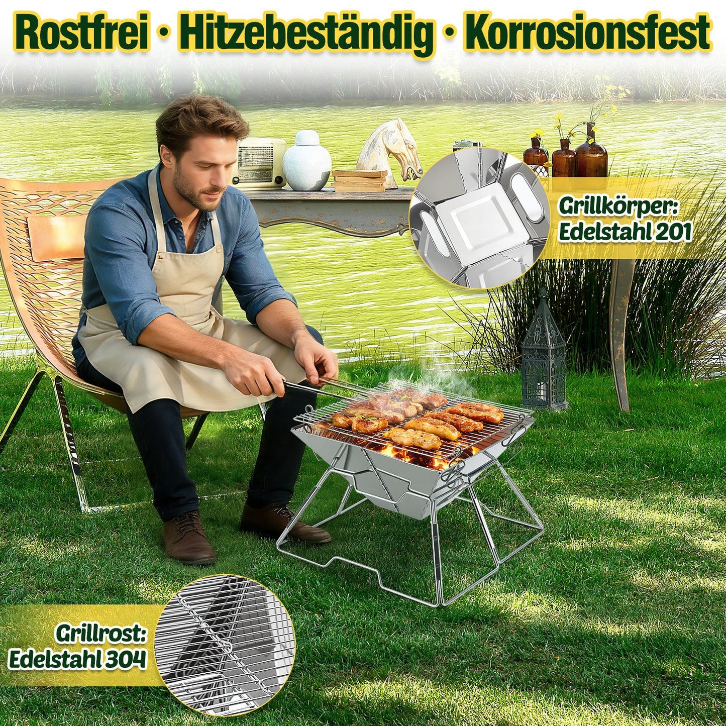 Faltbarer Camping Grill Edelstahl mit Höhenverstellbar Grillrost | Karnz
