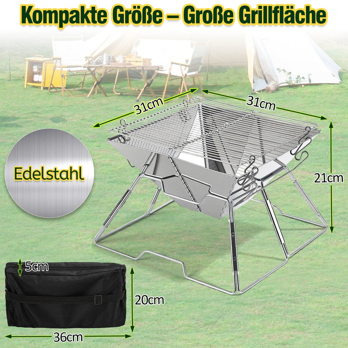 Faltbarer Camping Grill Edelstahl mit Höhenverstellbar Grillrost | Karnz