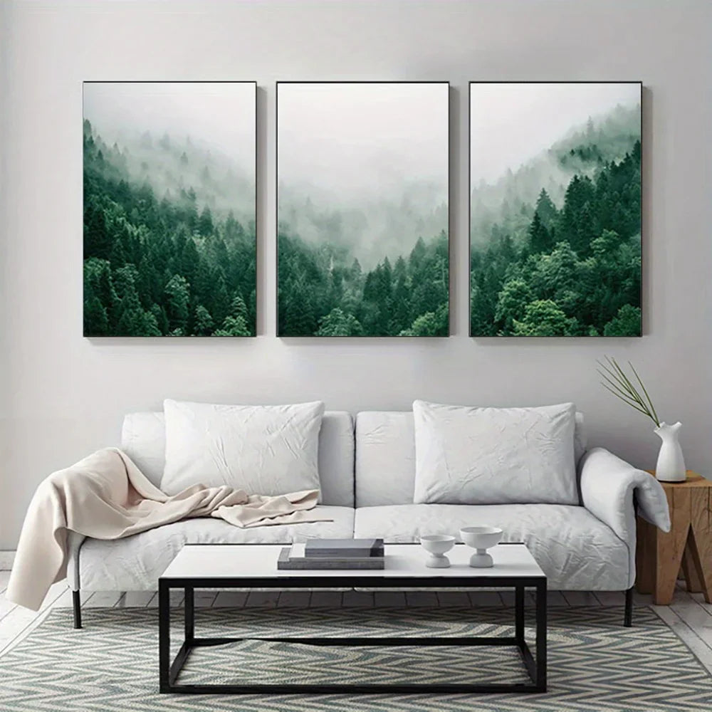 Set von 3PCS Nebelwald Landschaft Wandkunst Fine Art Leinwanddrucke Inspirierende Bilder der Ruhe für das Wohnzimmer Wanddekoration
