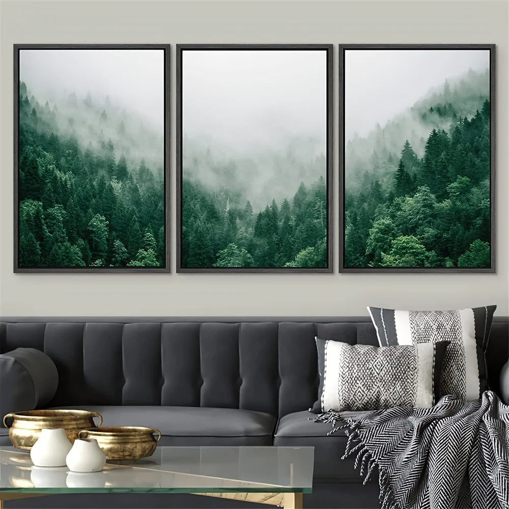 Set von 3PCS Nebelwald Landschaft Wandkunst Fine Art Leinwanddrucke Inspirierende Bilder der Ruhe für das Wohnzimmer Wanddekoration