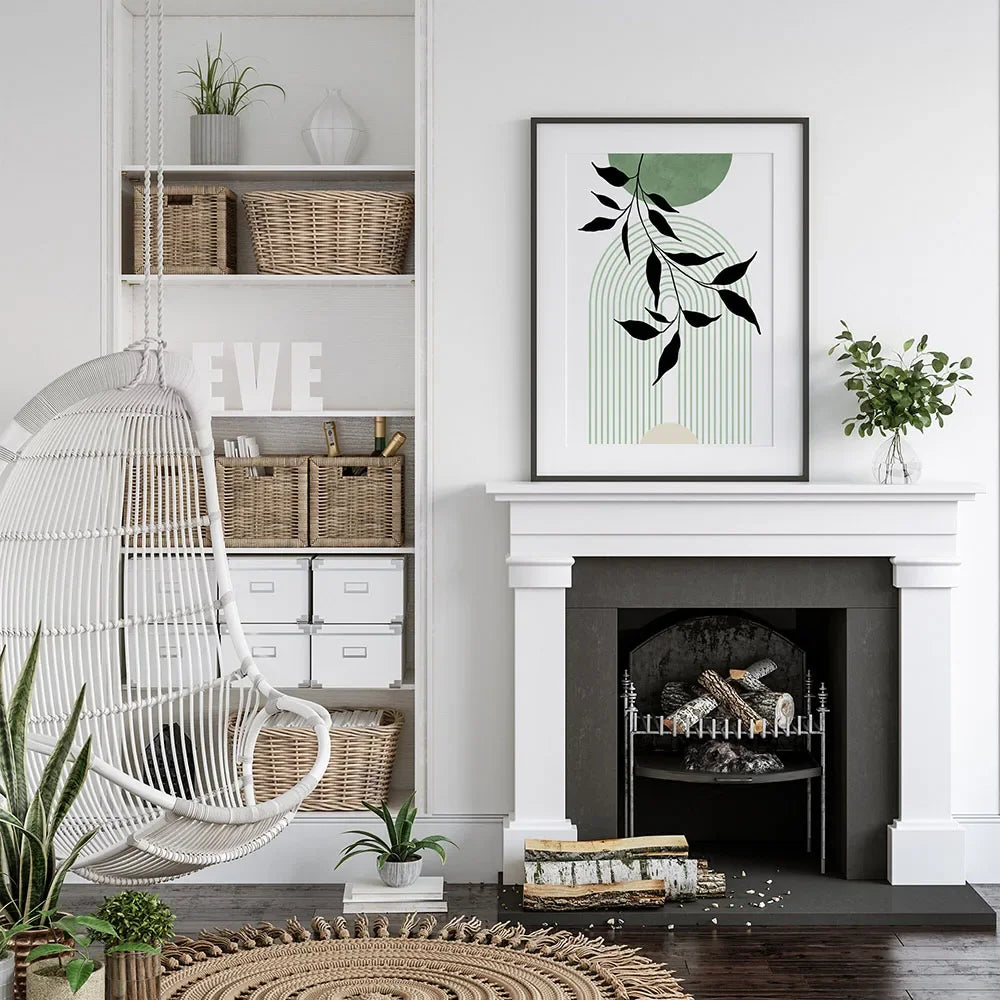 Set aus 3 Stück Erde Grün Minimalistische Geometrische Linienkunst Blatt Leinwanddruck Wandkunst Bilder für moderne Wohnzimmer Dekor