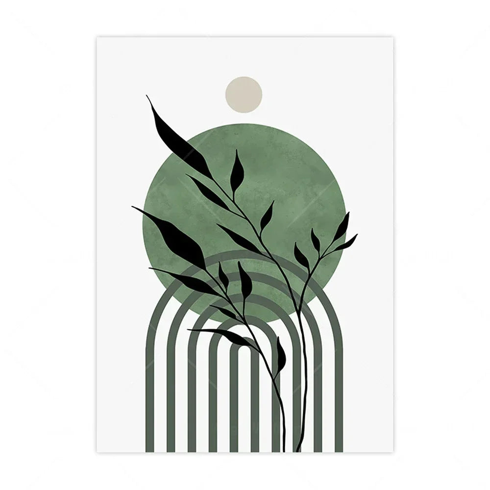 Set aus 3 Stück Erde Grün Minimalistische Geometrische Linienkunst Blatt Leinwanddruck Wandkunst Bilder für moderne Wohnzimmer Dekor