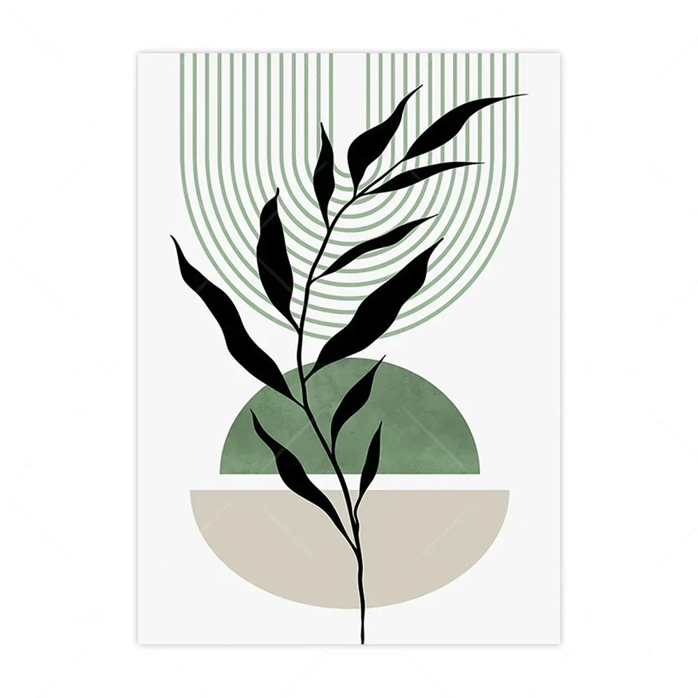 Set aus 3 Stück Erde Grün Minimalistische Geometrische Linienkunst Blatt Leinwanddruck Wandkunst Bilder für moderne Wohnzimmer Dekor