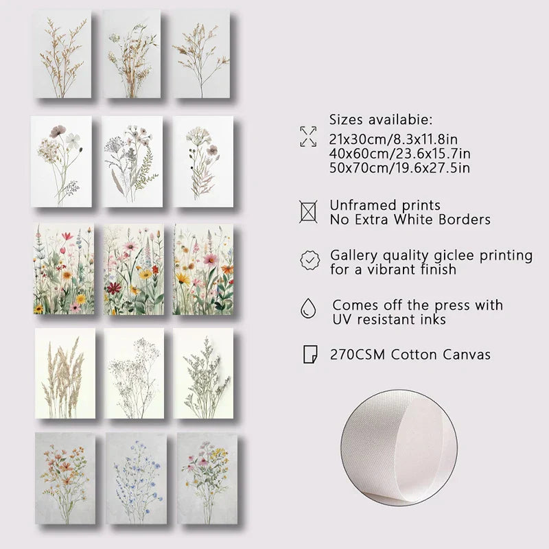 Set aus 3 Stück Wildblumen Wandkunst Feine Kunst Leinwanddrucke Minimalistische Botanische Drucke Poster Bilder Für Wohnraum Dekor