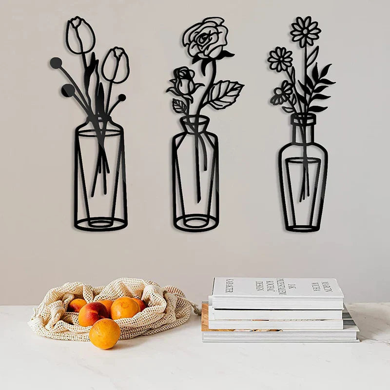 Blumen in einer Vase Schwarze Metall Wandkunst 3D Skulpturierte Eisenkunst Wanddekorationen für Wohnzimmer Esszimmer Kreative Nordische Wohnkultur