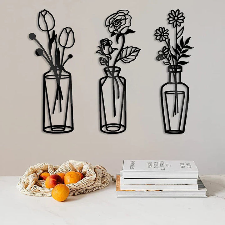 Blumen in einer Vase Schwarze Metall Wandkunst 3D Skulpturierte Eisenkunst Wanddekorationen für Wohnzimmer Esszimmer Kreative Nordische Wohnkultur