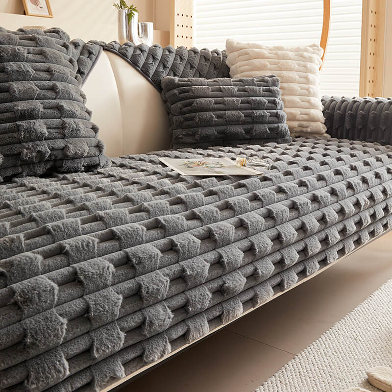 Fluffy Plush Gestreifter Möbel Protector Couch Cover - Rutschfest | Karnz