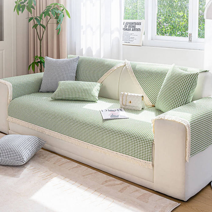 Hahnentrittmuster Elegante Fransen Weiche Baumwoll-Leinen Couchbezug | Karnz