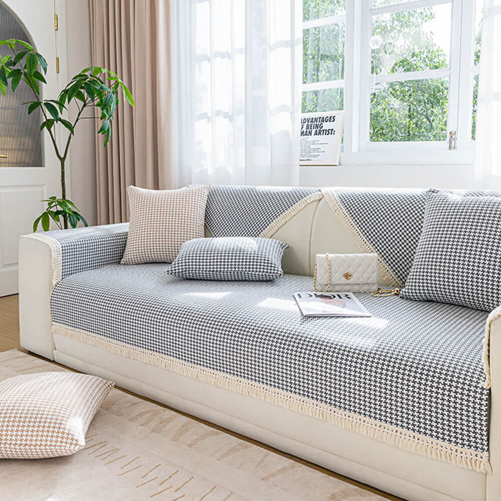 Hahnentrittmuster Elegante Fransen Weiche Baumwoll-Leinen Couchbezug | Karnz