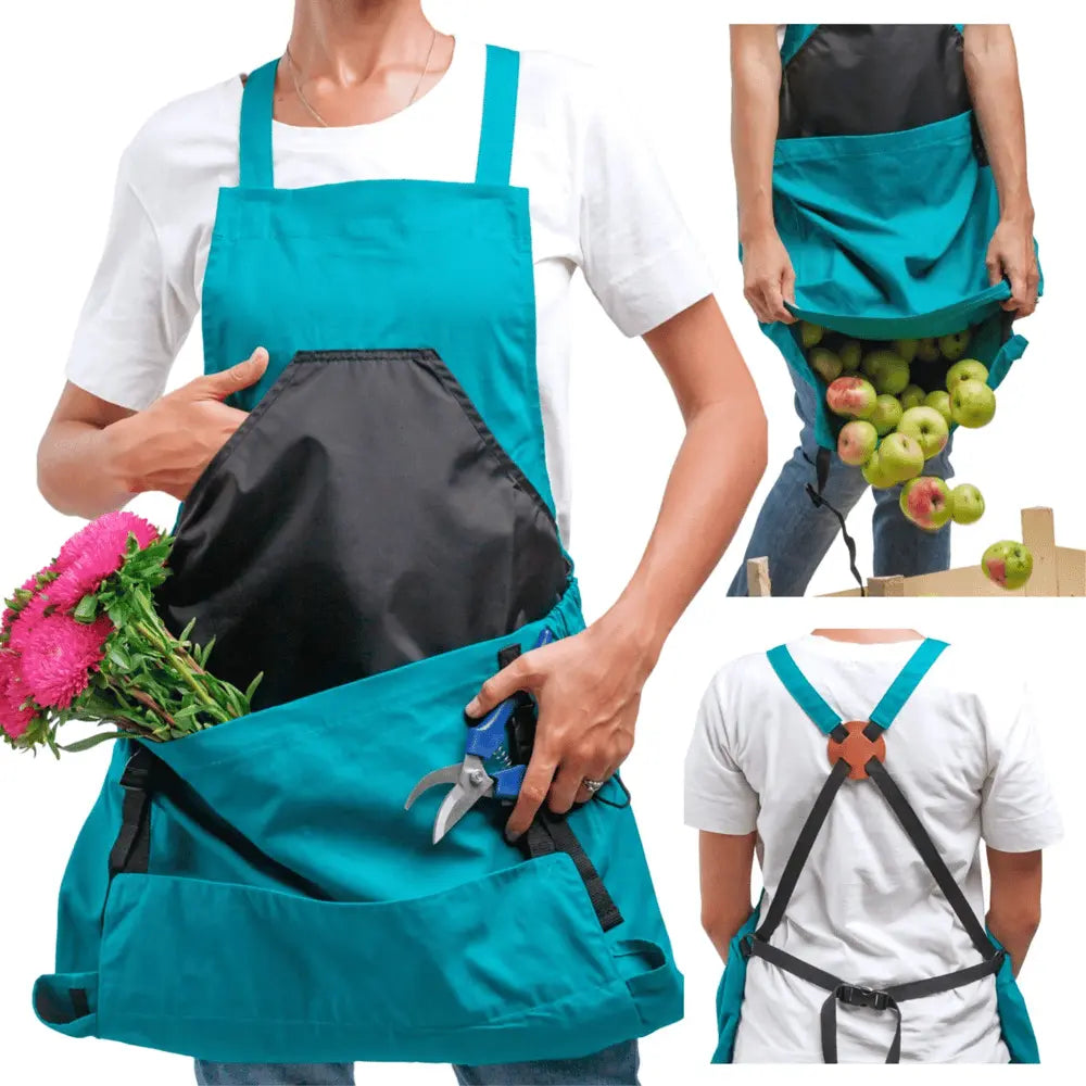 Gartenschürze mit Kreuzträgern – Große Entleerungstasche & Brusttasche