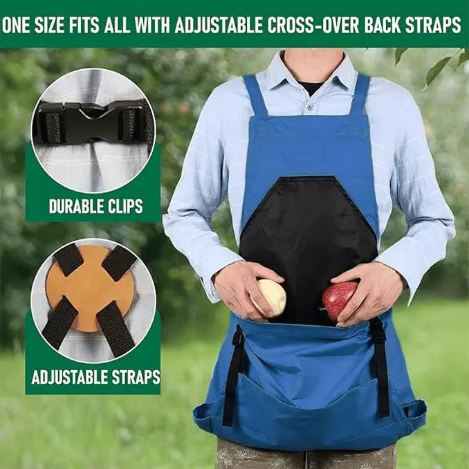 Gartenschürze mit Kreuzträgern – Große Entleerungstasche & Brusttasche
