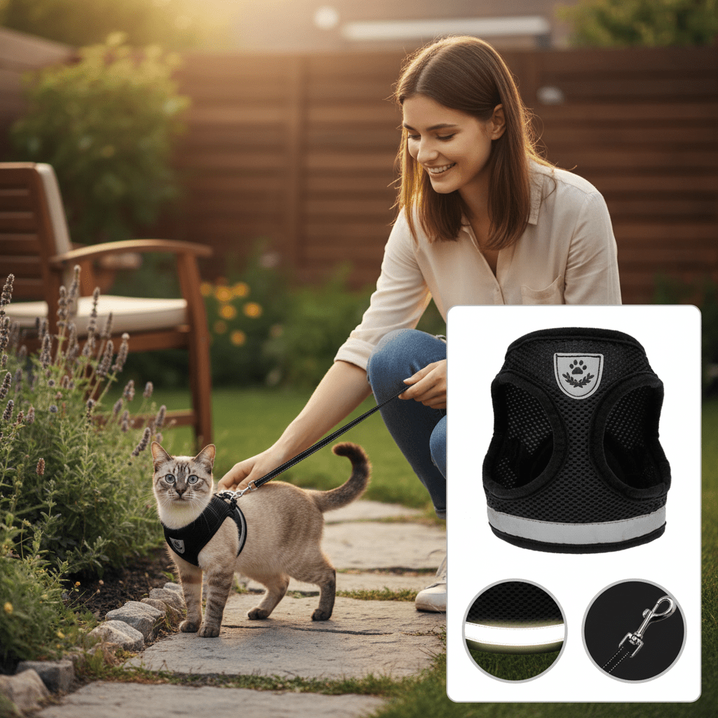 Ausbruchsicheres Katzengeschirr mit reflektierenden Details
