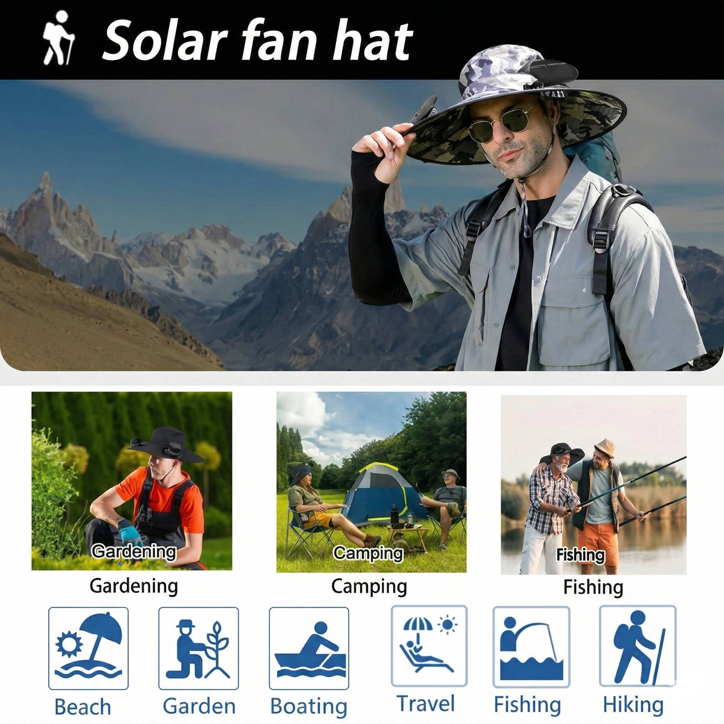 Outdoor Breitkrempiger Sonnenhut mit 2 Solarventilatoren, UV-Schutz für Männer und Frauen, Kühlhut für Camping und Wandern | Karnz
