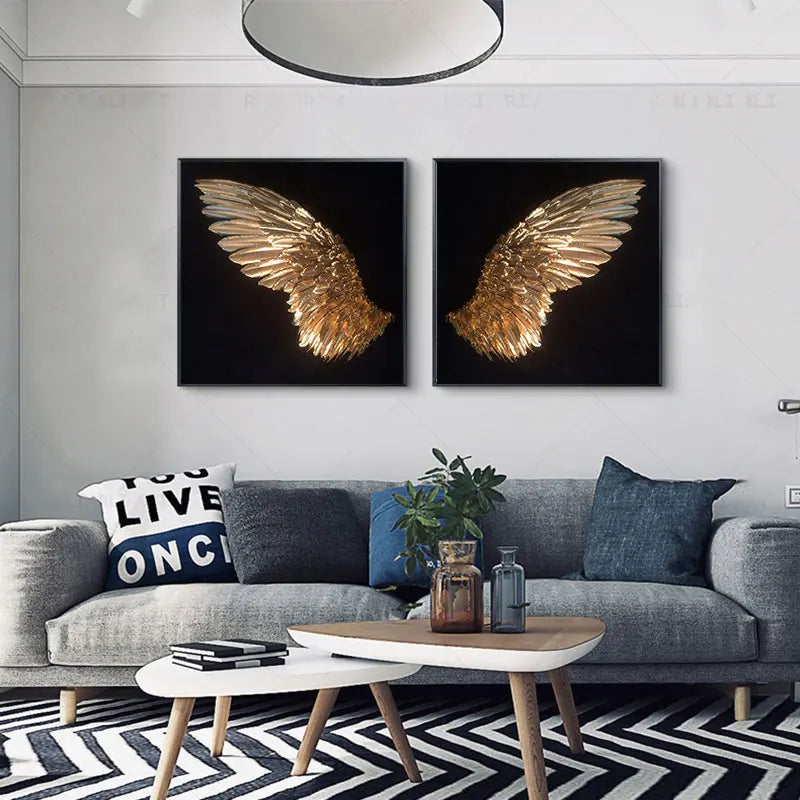Goldene Engel Flügel Wandkunst Fine Art Poster Drucke Elegante vergoldete Feder Diptychon Leinwanddruck für moderne Schlafzimmerdekoration