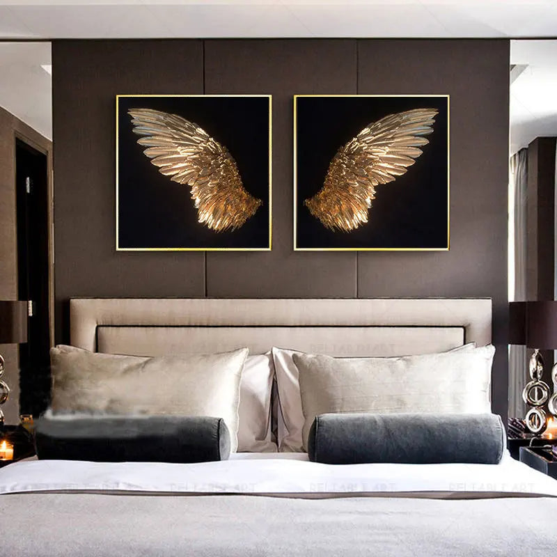 Goldene Engel Flügel Wandkunst Fine Art Poster Drucke Elegante vergoldete Feder Diptychon Leinwanddruck für moderne Schlafzimmerdekoration