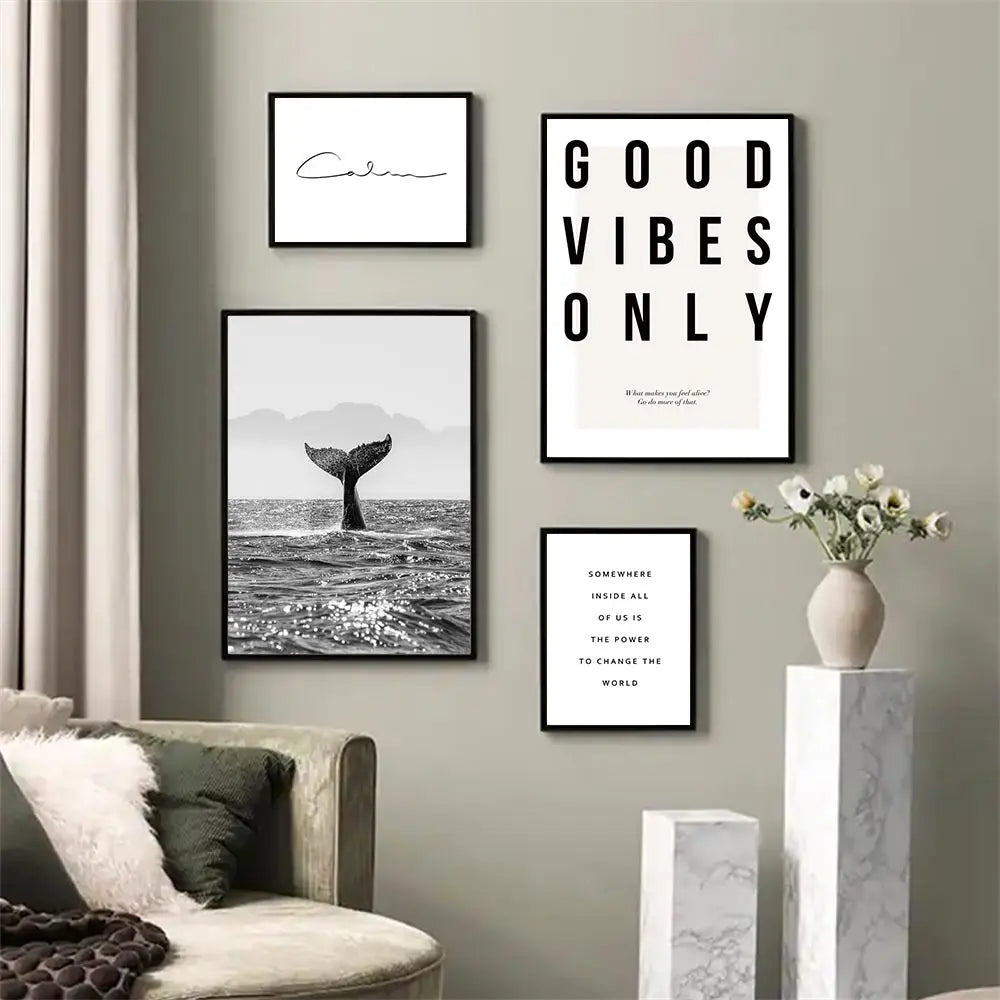 Gute Vibes Nur Schwarzer Weißer Wal Poster Nordische Bilder Von Ruhiger Wandkunst Feine Kunst Leinwand Drucke Galerie Wandkunst Drucke Für Modernes Wohnen