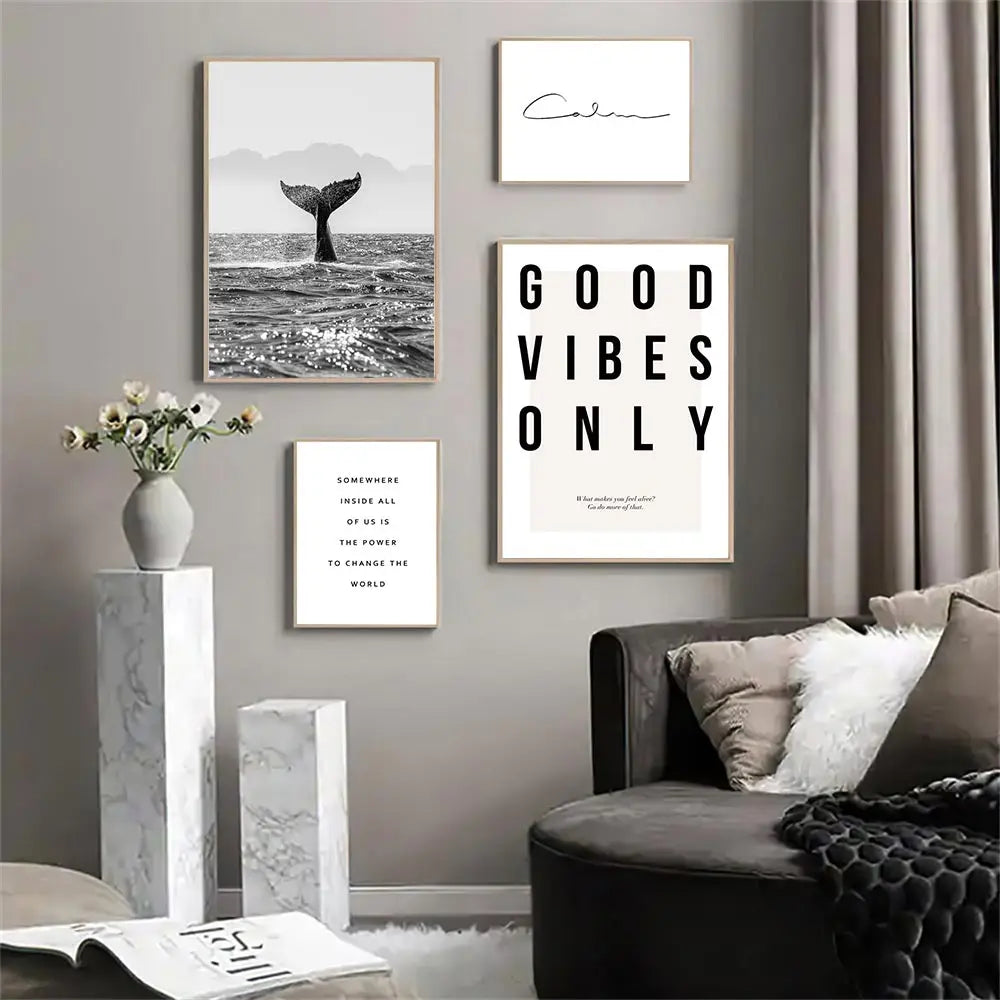 Gute Vibes Nur Schwarzer Weißer Wal Poster Nordische Bilder Von Ruhiger Wandkunst Feine Kunst Leinwand Drucke Galerie Wandkunst Drucke Für Modernes Wohnen