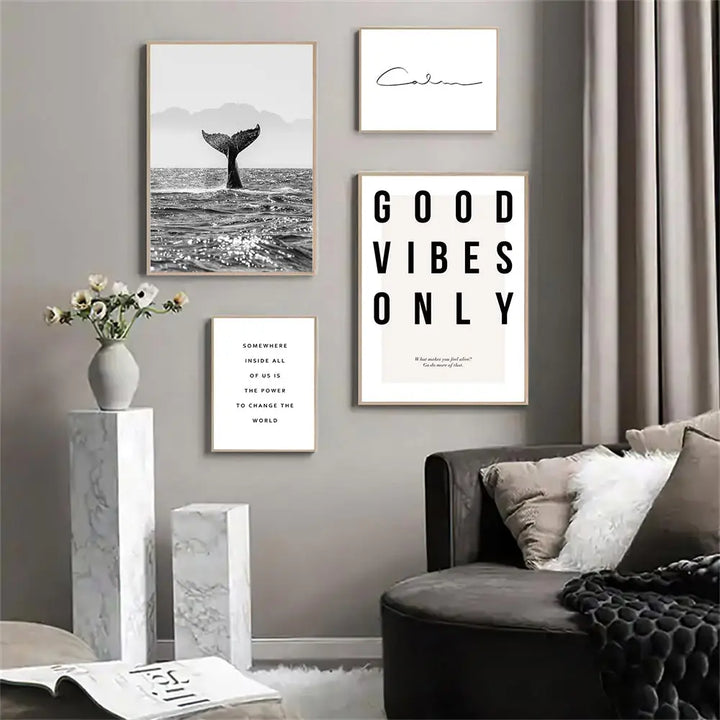 Gute Vibes Nur Schwarzer Weißer Wal Poster Nordische Bilder Von Ruhiger Wandkunst Feine Kunst Leinwand Drucke Galerie Wandkunst Drucke Für Modernes Wohnen