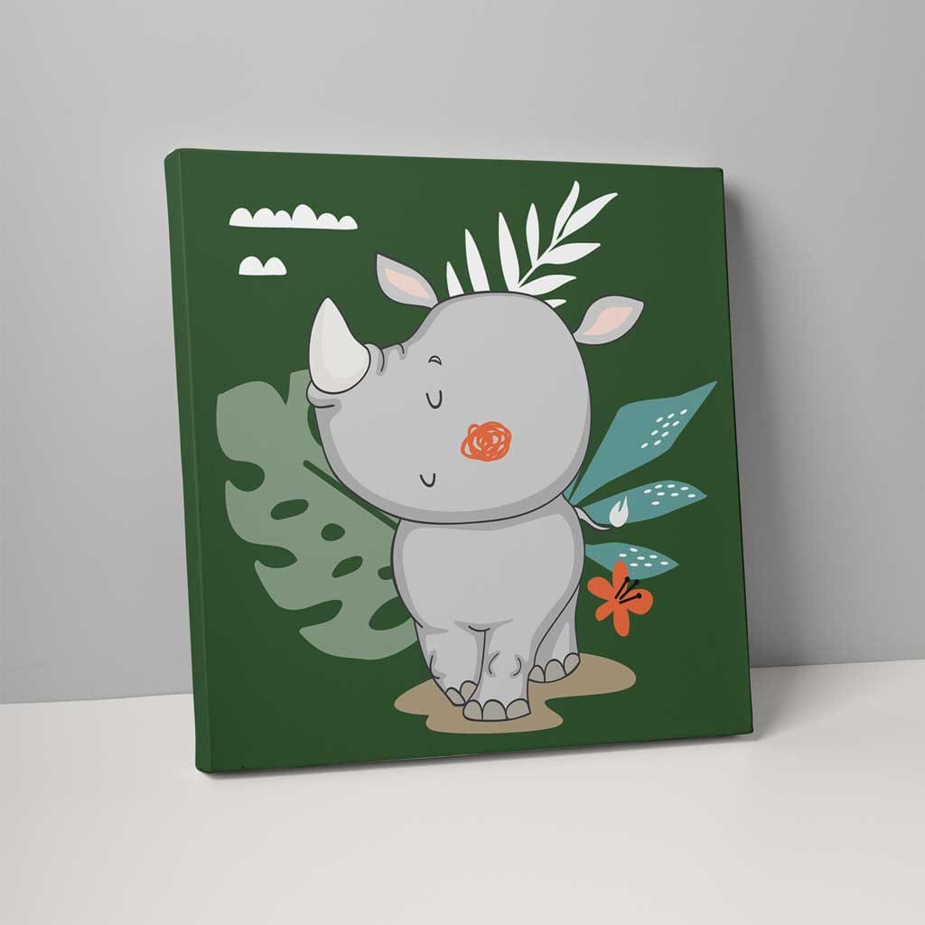 Boho Safari Dschungel Nashorn Dunkelgrün und Grau auf Leinwand