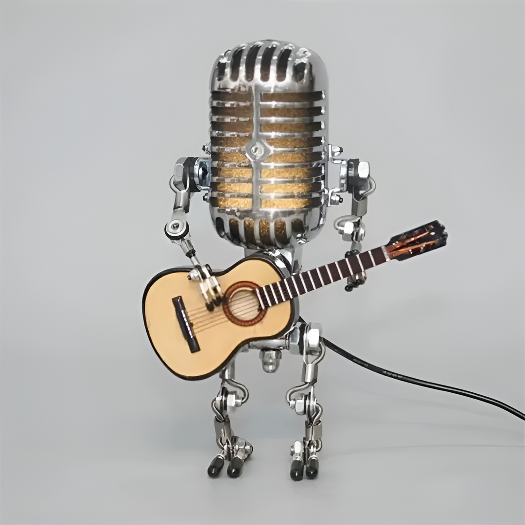 Roboterlampe mit Gitarre – LED-Deko im Vintage-Stil für den Schreibtisch