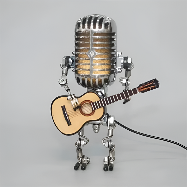 Roboterlampe mit Gitarre – LED-Deko im Vintage-Stil für den Schreibtisch