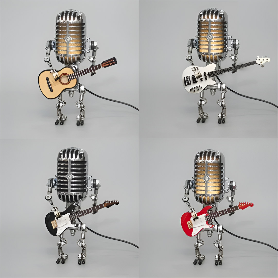 Roboterlampe mit Gitarre – LED-Deko im Vintage-Stil für den Schreibtisch