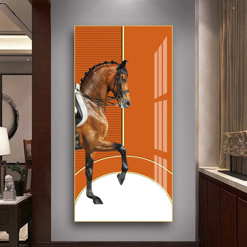 Elegante Reiter Wandkunst Fine Art Leinwanddruck Majestätisches Braunes Pferdeporträt auf abstraktem orangen Hintergrund für Bilder für moderne Inneneinrichtung