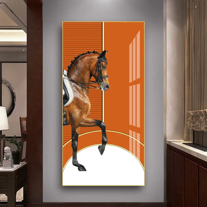Elegante Reiter Wandkunst Fine Art Leinwanddruck Majestätisches Braunes Pferdeporträt auf abstraktem orangen Hintergrund für Bilder für moderne Inneneinrichtung