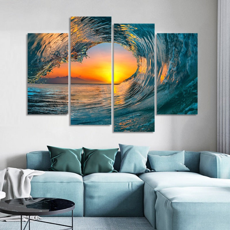 5-teiliges abstraktes Sonnenuntergang durch Ozeanwelle - Leinwand Wandkunstgemälde