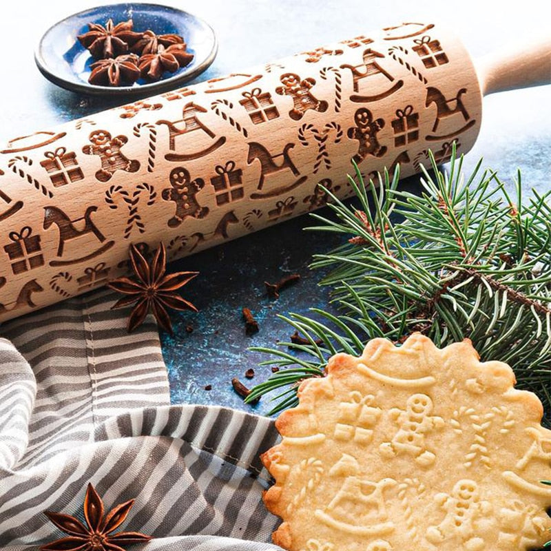 Geprägter Nudelholz aus Holz | Weihnachtsplätzchengravierer | Handgefertigt aus Buchenholz | JollyRoller