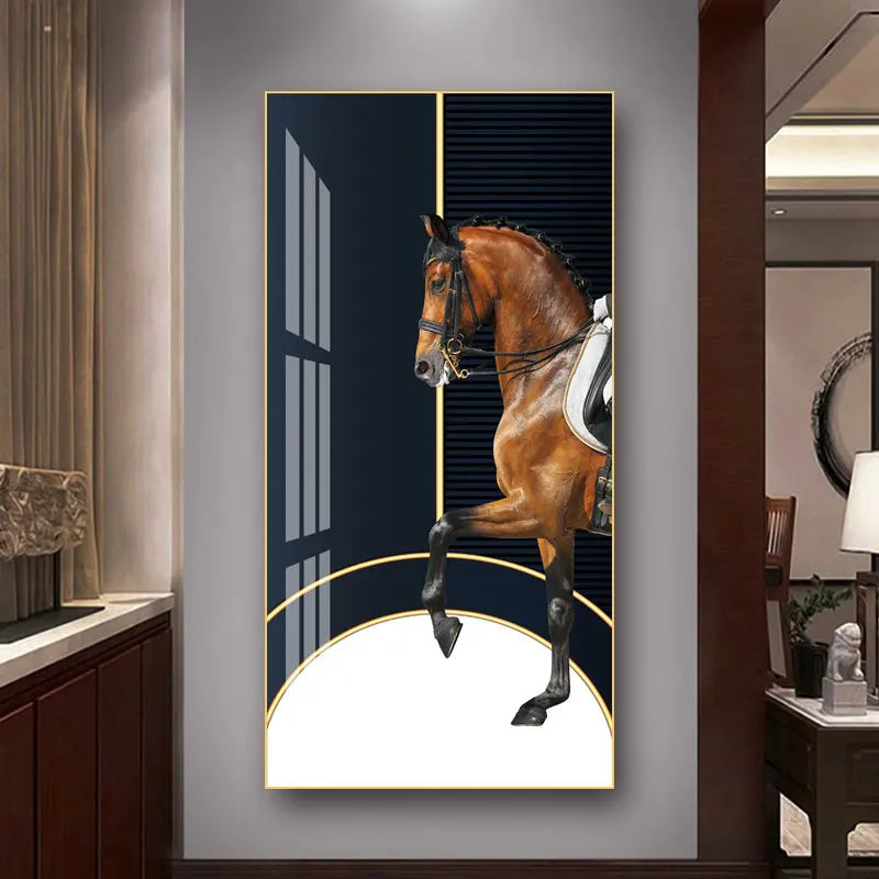 Elegante Reiter Wandkunst Fine Art Leinwanddruck Majestätisches Braunes Pferdeporträt auf abstraktem orangen Hintergrund für Bilder für moderne Inneneinrichtung