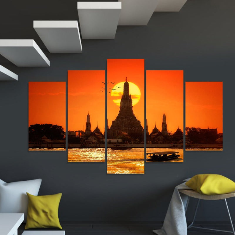 5 Stück Abstrakte Sonnenuntergang Tempel Bangkok Thailand - Leinwand Wandkunst Gemälde