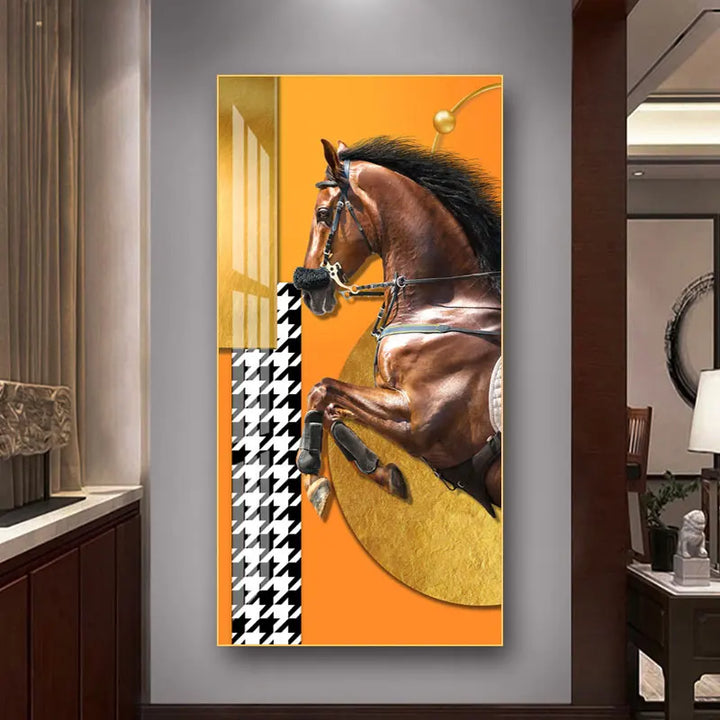Elegante Reiter Wandkunst Fine Art Leinwanddruck Majestätisches Braunes Pferdeporträt auf abstraktem orangen Hintergrund für Bilder für moderne Inneneinrichtung
